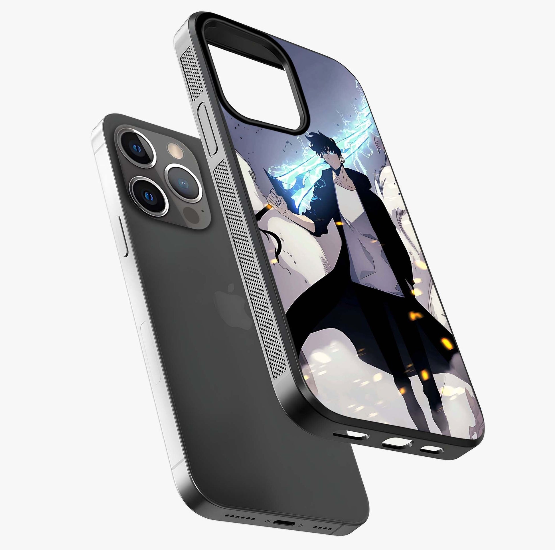 Dark Lightning Anime Warrior Glass Case laid diagonally highlighting side profile, edges and glossy glass shine.