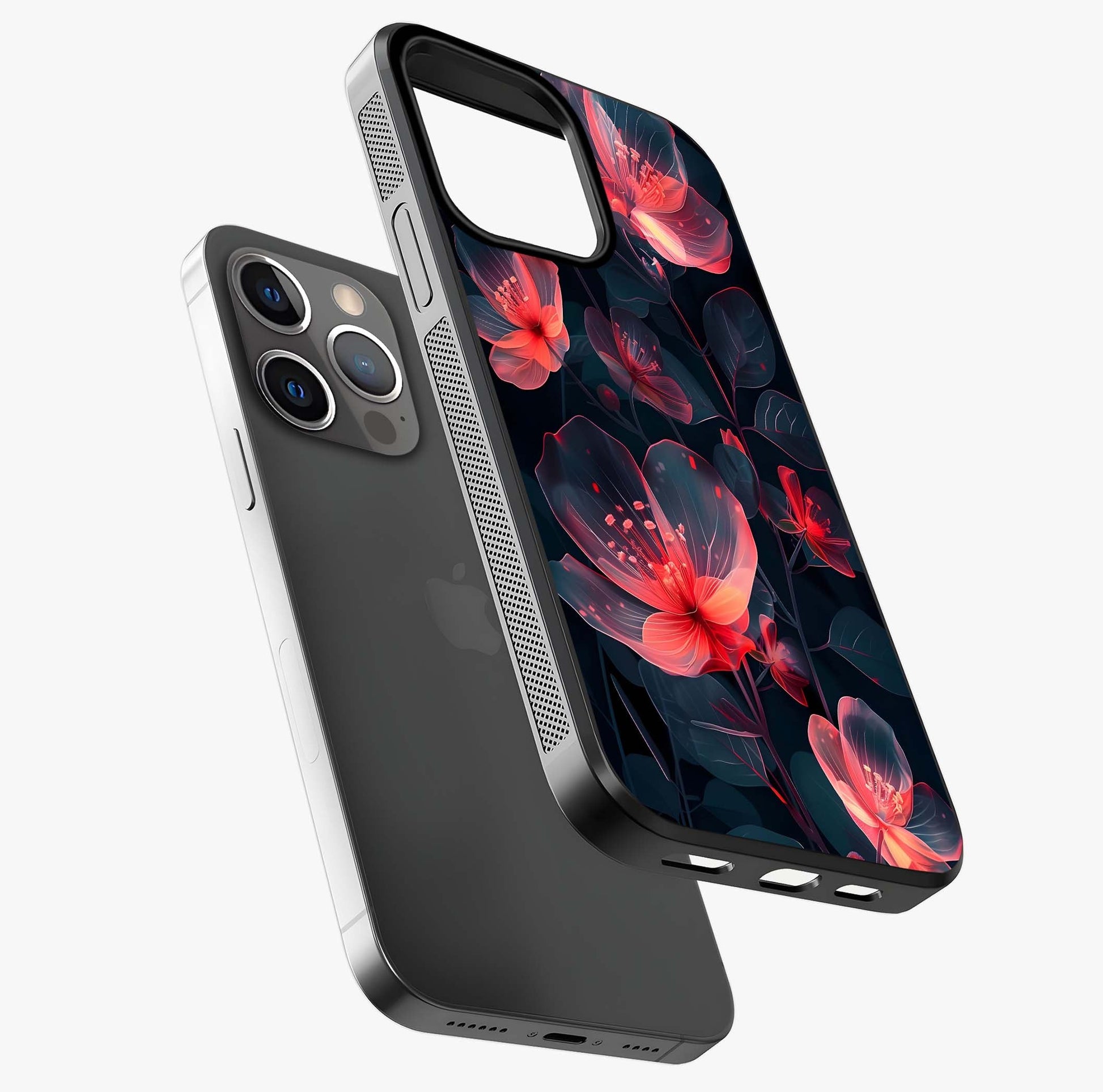 Dark Shade Of Flower Glass Case laid diagonally highlighting side profile, edges and glossy glass shine.