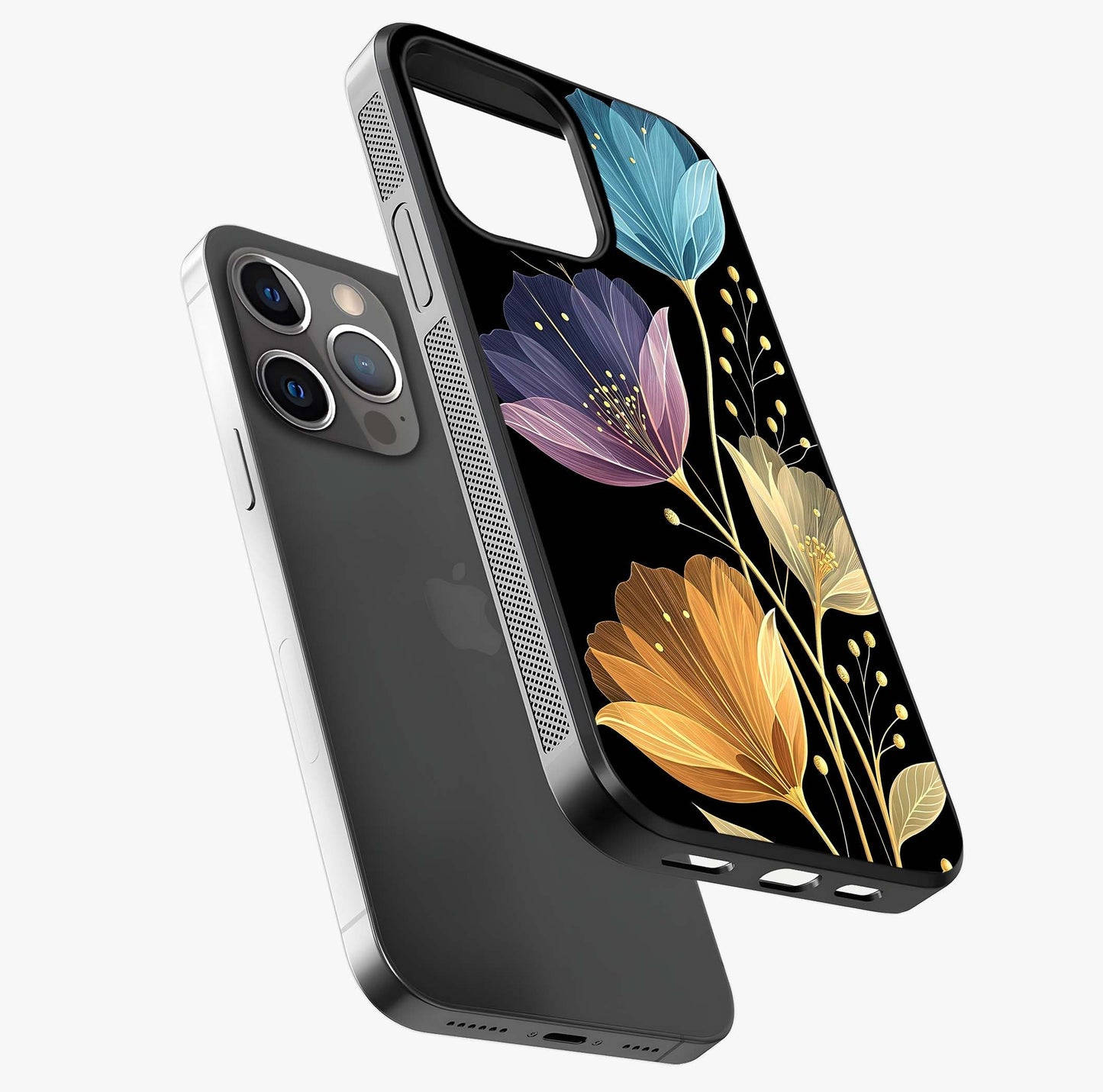 Delicate Multicolor Flowers Glass Case laid diagonally highlighting side profile, edges and glossy glass shine.