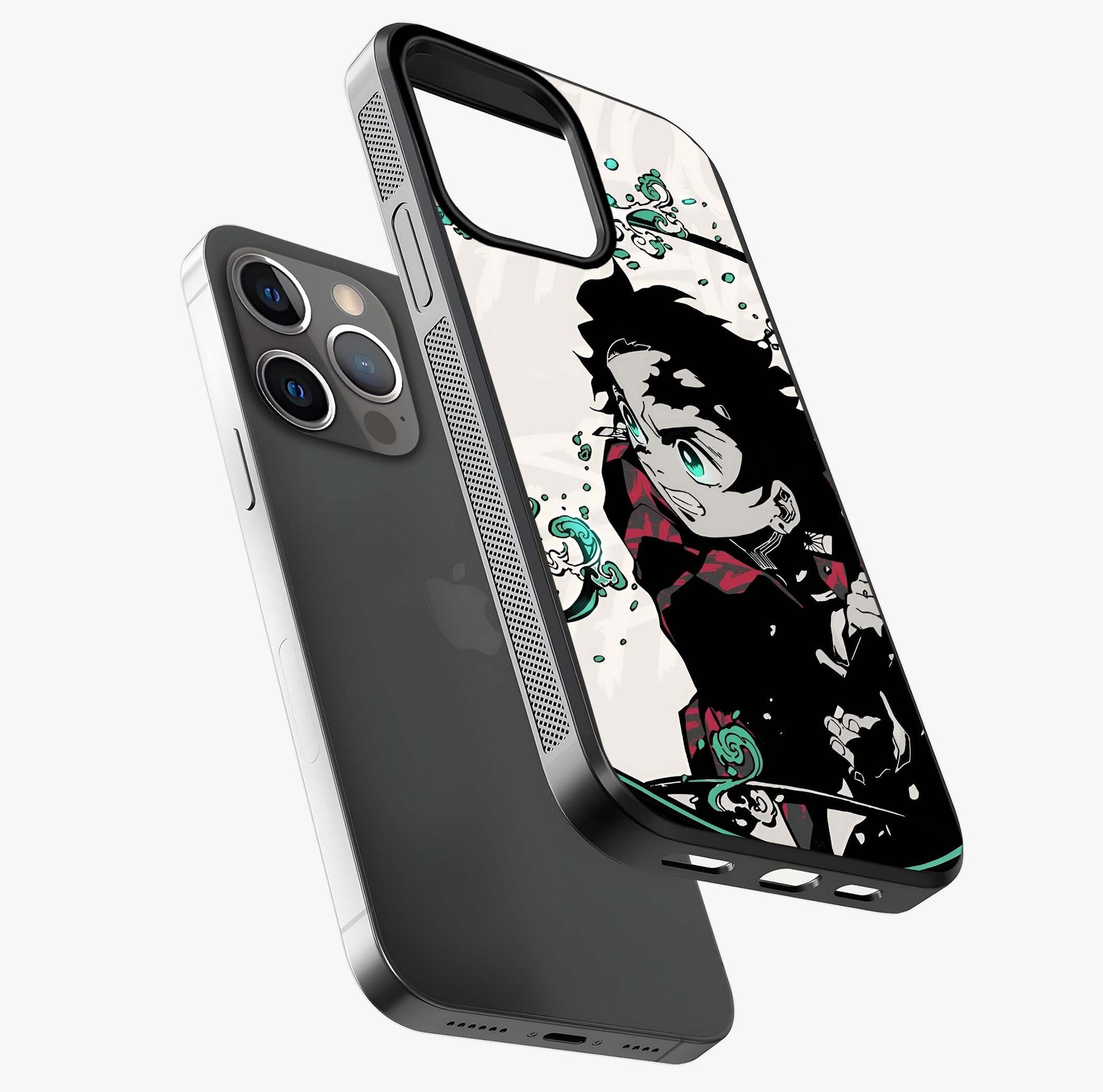 Demon Slayer Glass Case laid diagonally highlighting side profile, edges and glossy glass shine.