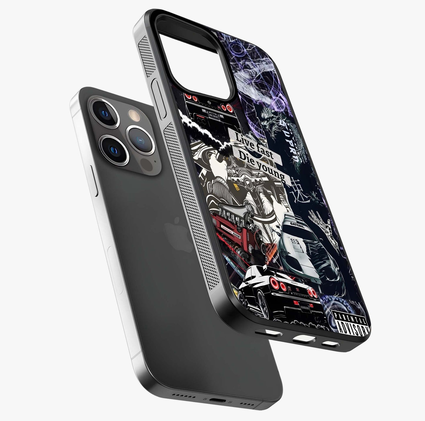 Die Young Glass Case laid diagonally highlighting side profile, edges and glossy glass shine.