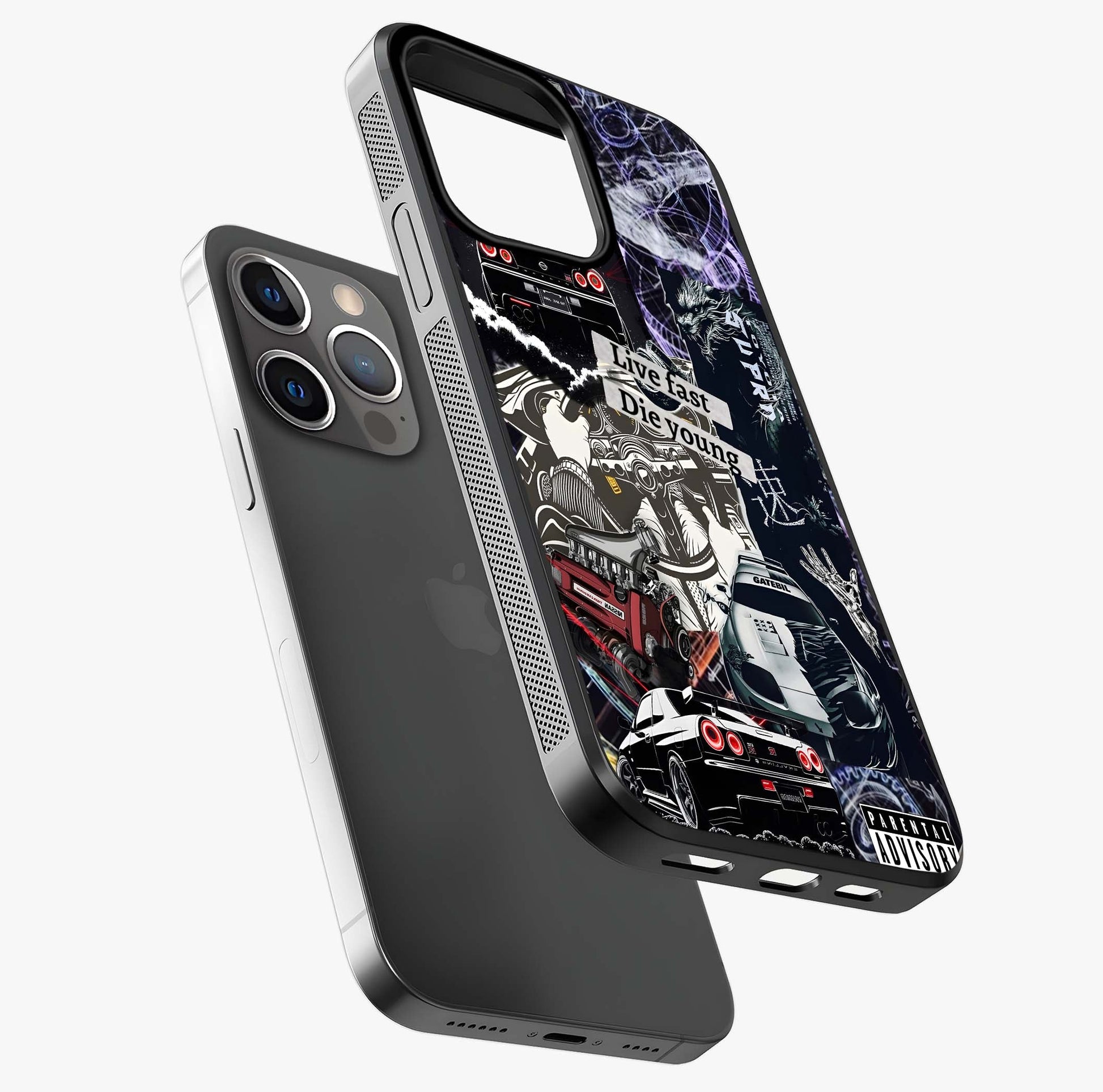 Die Young Glass Case laid diagonally highlighting side profile, edges and glossy glass shine.