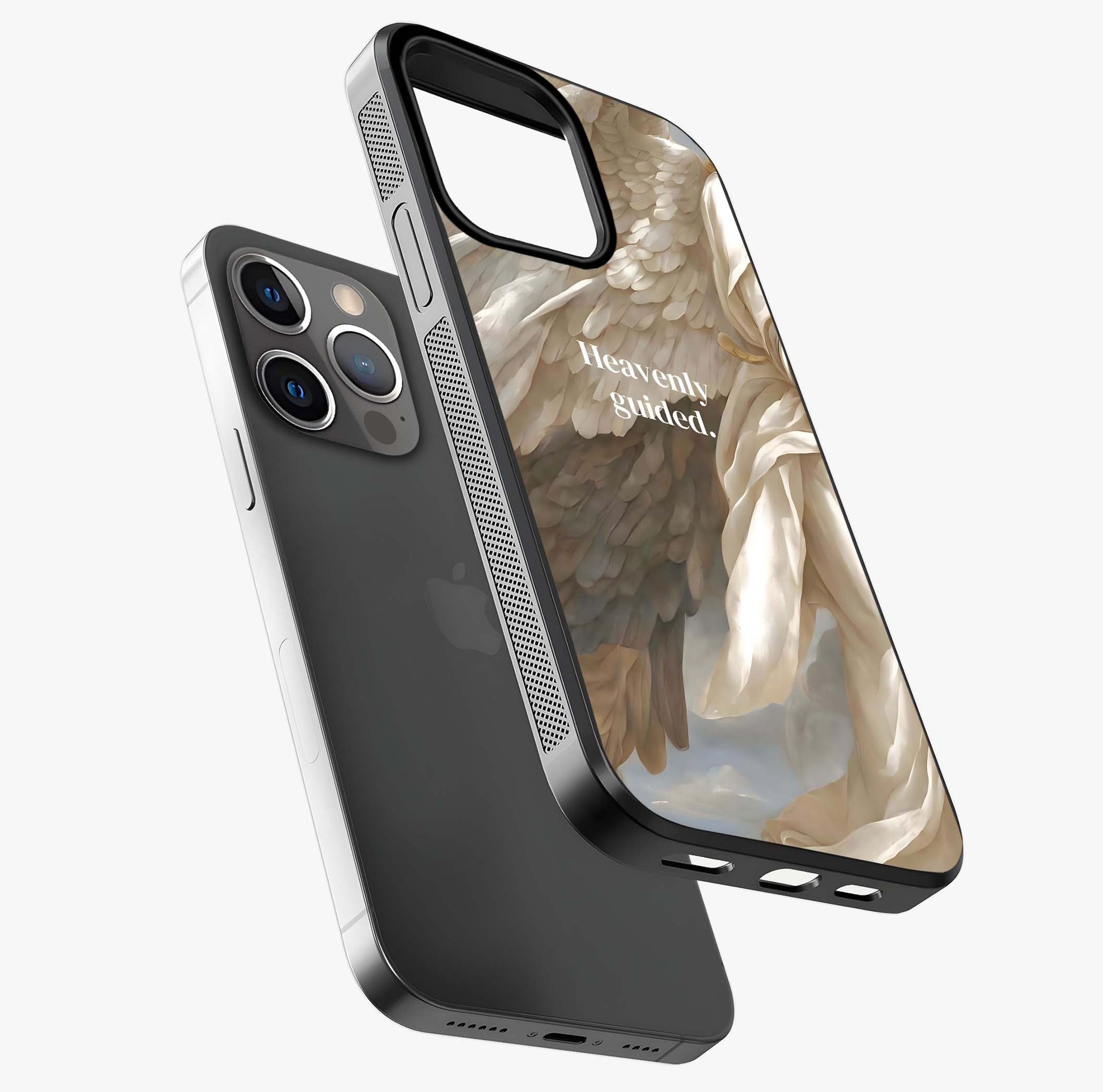 Divine Winged Grace Glass Case laid diagonally highlighting side profile, edges and glossy glass shine.