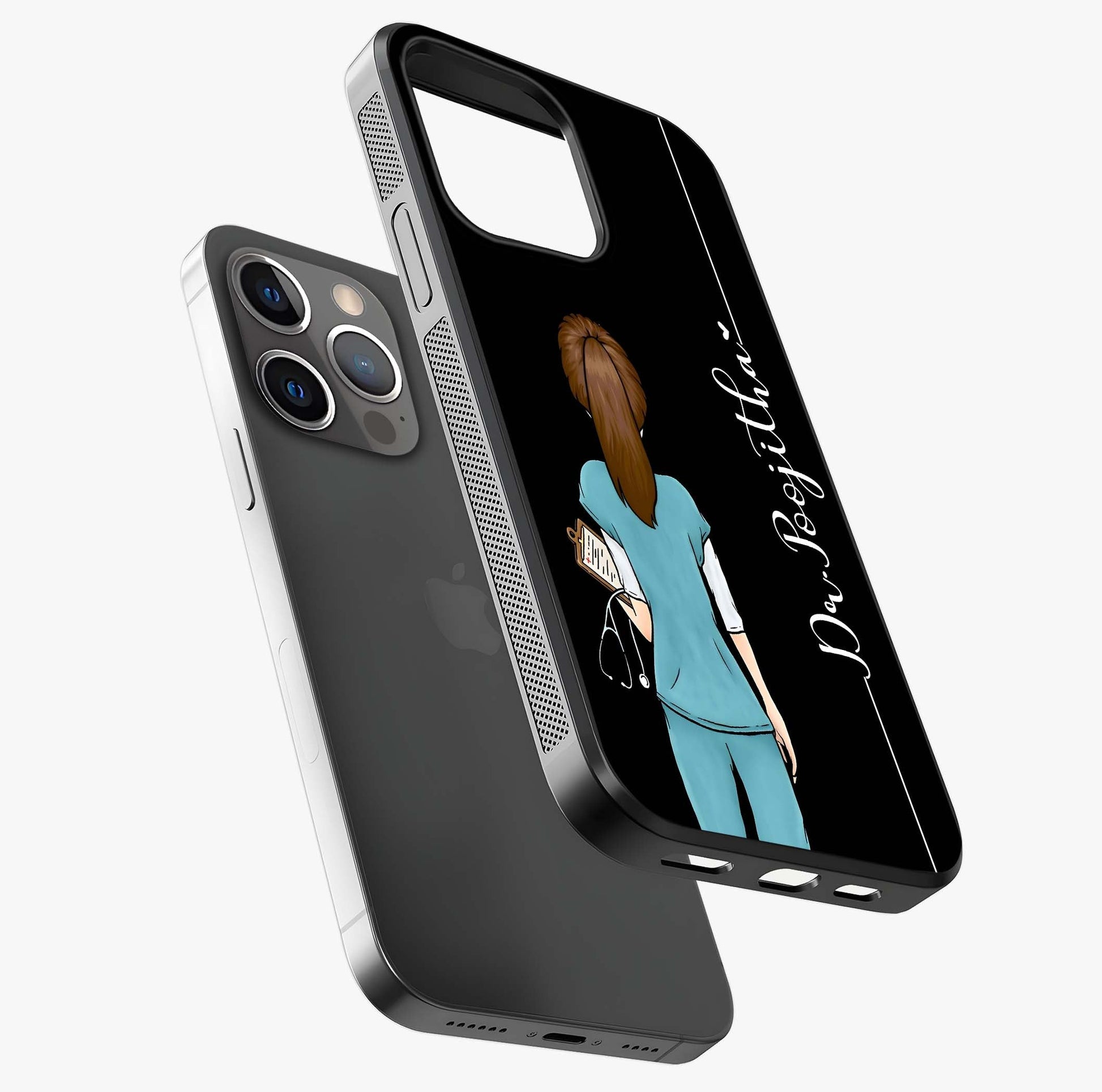 Doctor Pattern Custom Name Glass Case laid diagonally highlighting side profile, edges and glossy glass shine.