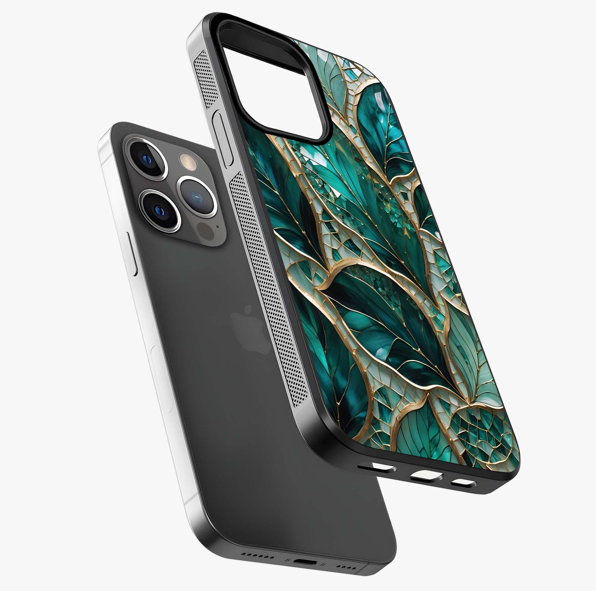 Emerald Leaf Glass Glass Case laid diagonally highlighting side profile, edges and glossy glass shine.