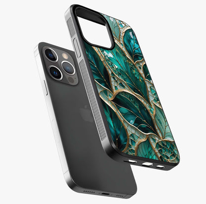 Emerald Leaf Glass Glass Case laid diagonally highlighting side profile, edges and glossy glass shine.