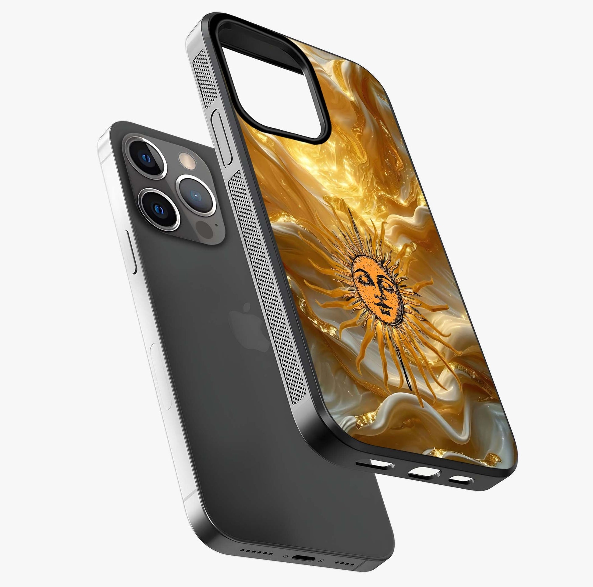 Eternal Golden Glow Glass Case laid diagonally highlighting side profile, edges and glossy glass shine.