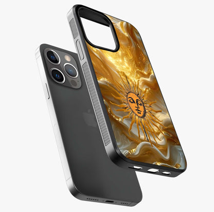 Eternal Golden Glow Glass Case laid diagonally highlighting side profile, edges and glossy glass shine.