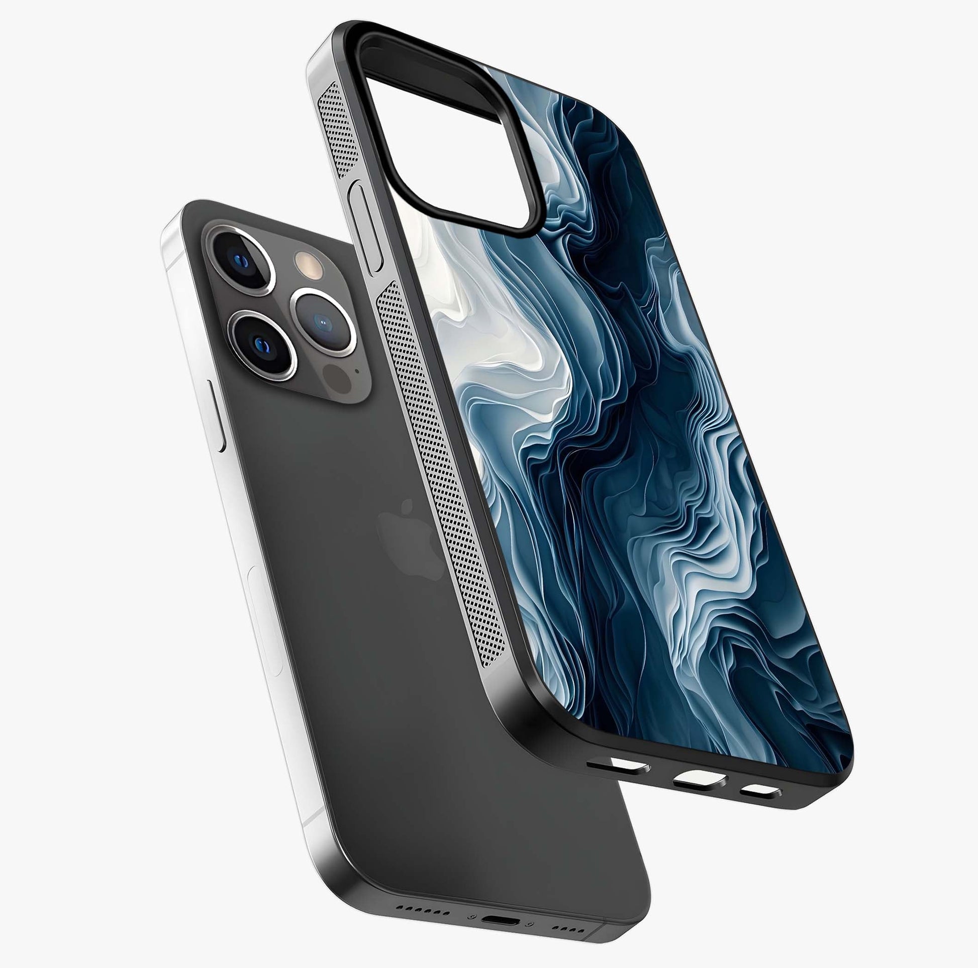 Ethereal Paper Marble Glass Case laid diagonally highlighting side profile, edges and glossy glass shine.