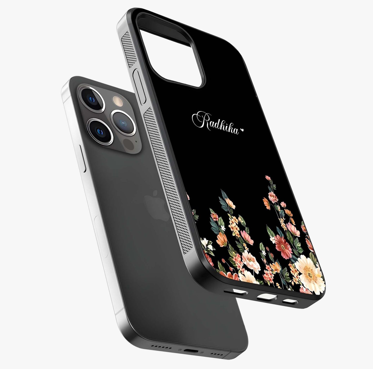 Floral Design With A Custom Personalized Name Glass Case laid diagonally highlighting side profile, edges and glossy glass shine.