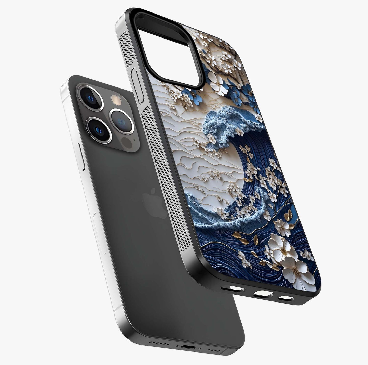 Floral Wave Origami Glass Case laid diagonally highlighting side profile, edges and glossy glass shine.