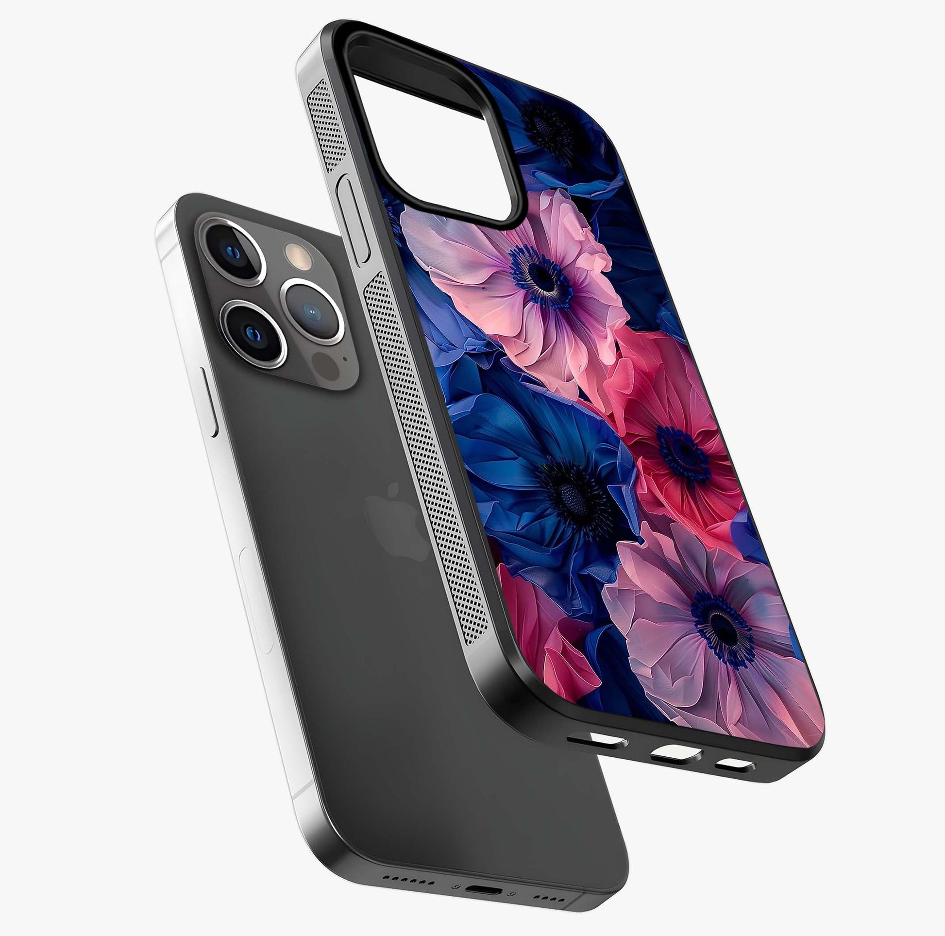 Flower Paper Art Pattern Glass Case laid diagonally highlighting side profile, edges and glossy glass shine.