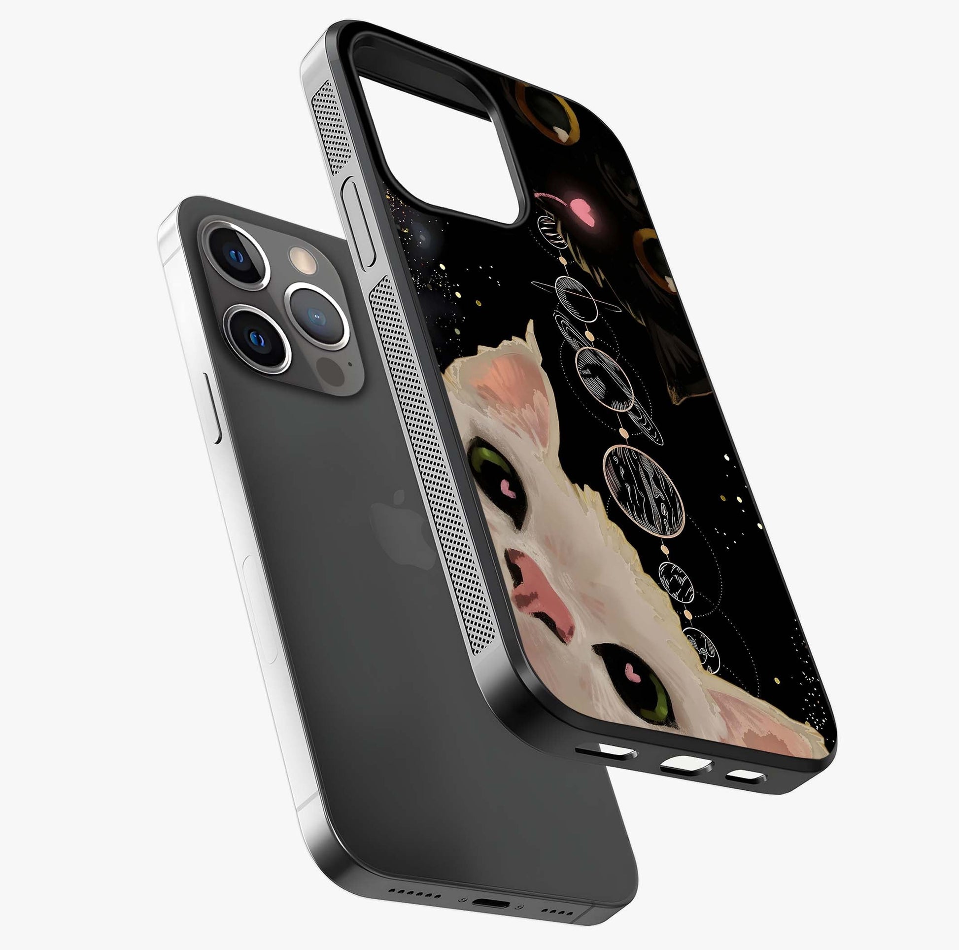 Galactic Cat Glass Case laid diagonally highlighting side profile, edges and glossy glass shine.