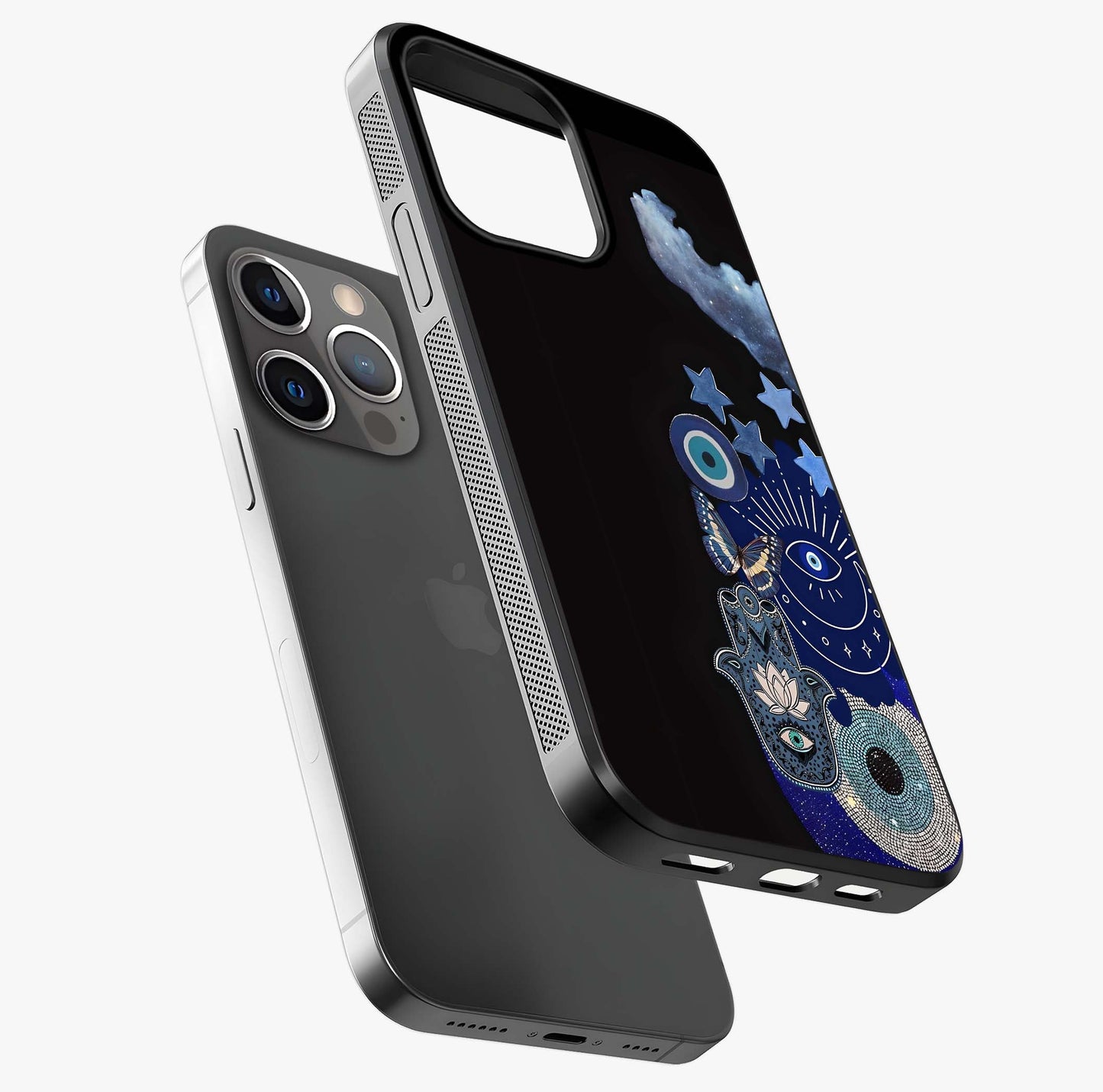 Galactic Charm Cluster Glass Case laid diagonally highlighting side profile, edges and glossy glass shine.
