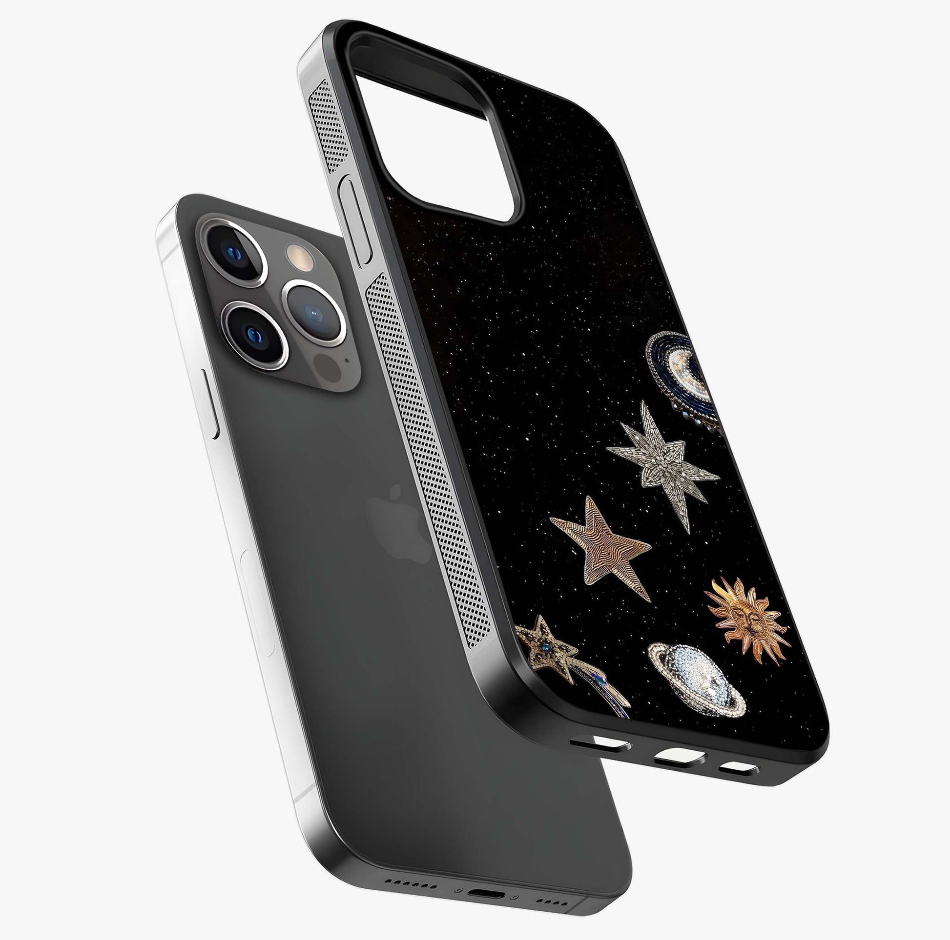 Galactic Charm Glow Glass Case laid diagonally highlighting side profile, edges and glossy glass shine.