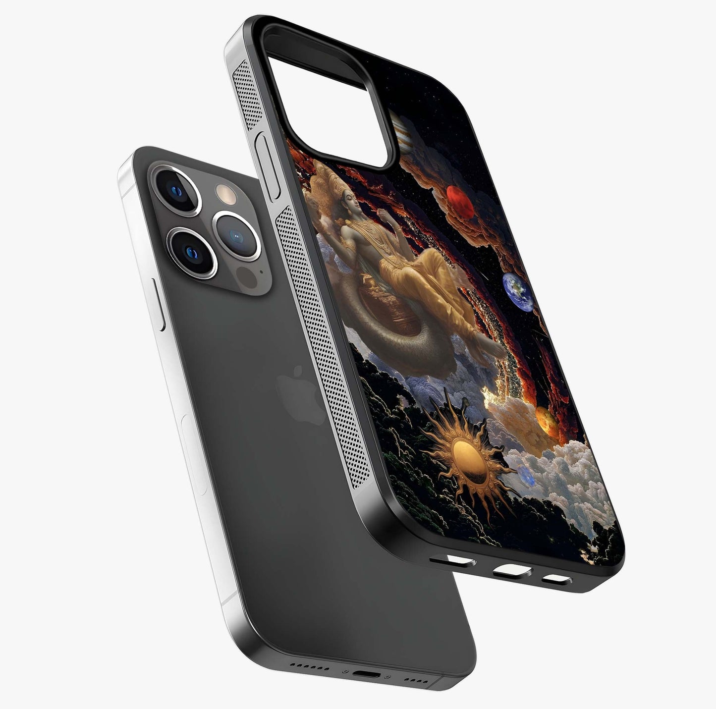 Galactic Divine God Glass Case laid diagonally highlighting side profile, edges and glossy glass shine.