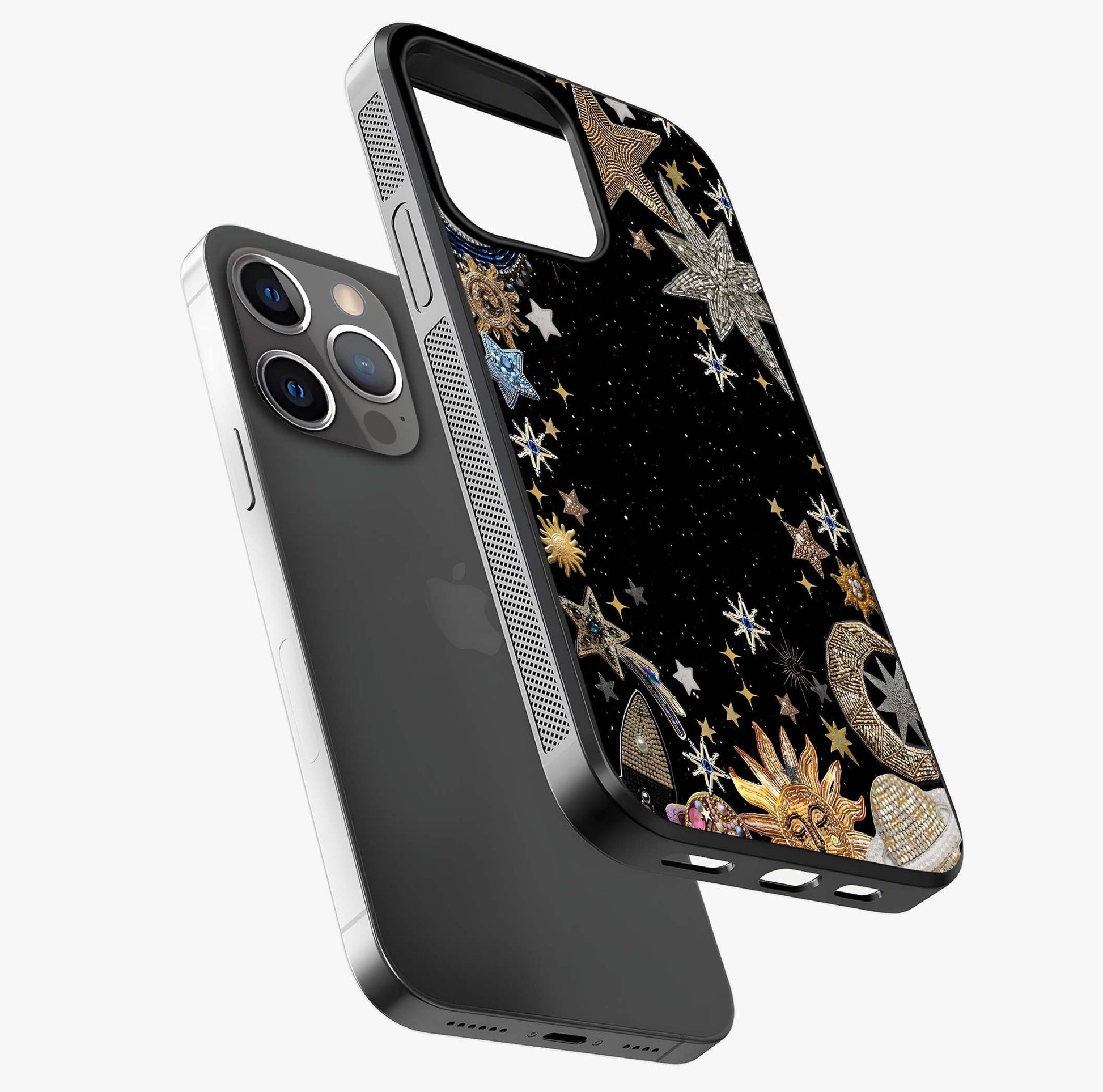 Galactic Jewel Stars Glass Case laid diagonally highlighting side profile, edges and glossy glass shine.
