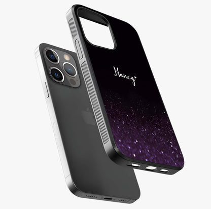 Glittery Purple Bokeh Custom Name Glass Case laid diagonally highlighting side profile, edges and glossy glass shine.