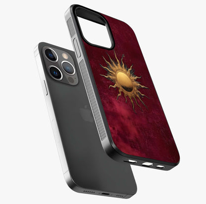 Gold Sun Blush Glass Case laid diagonally highlighting side profile, edges and glossy glass shine.