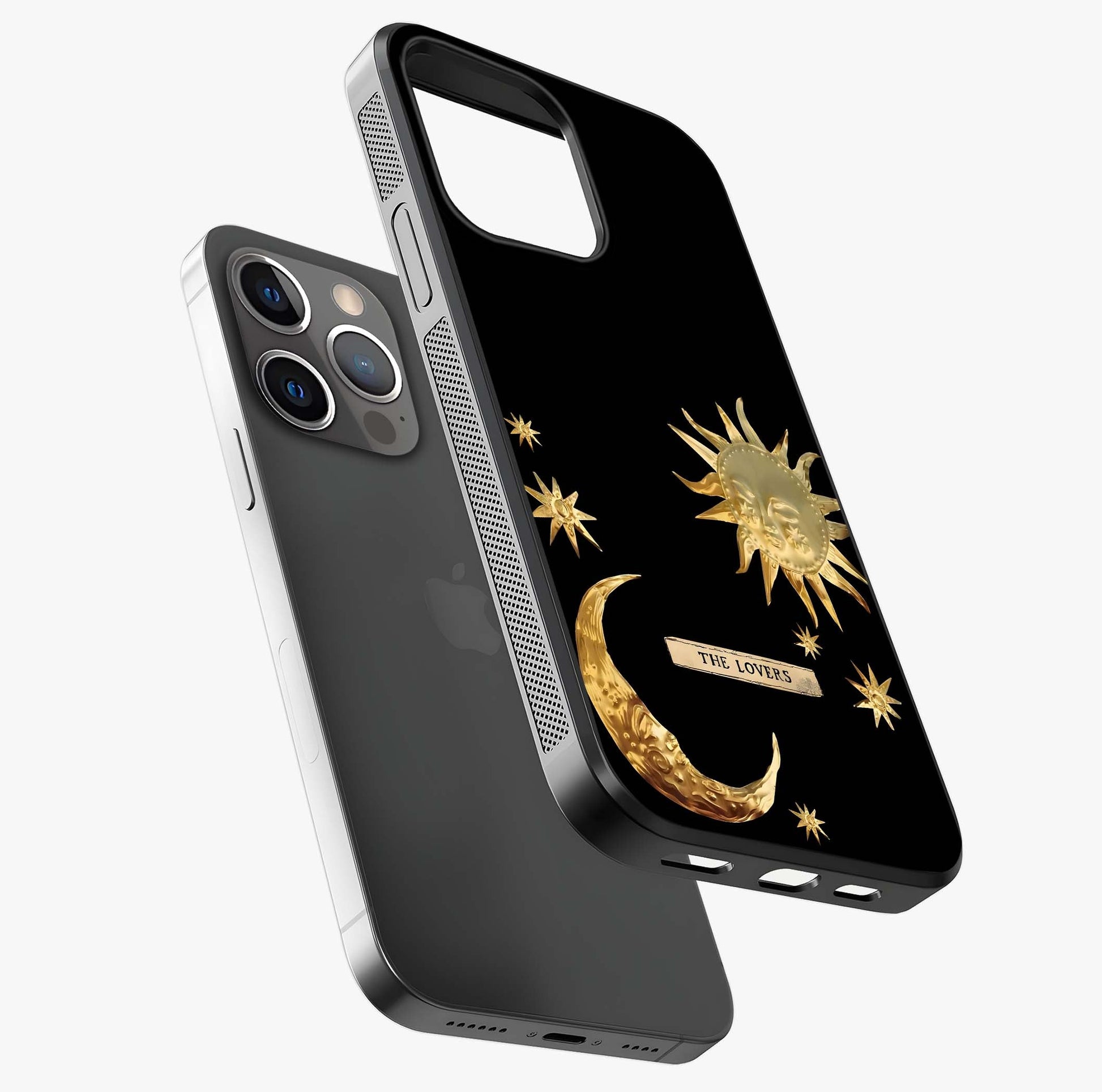 Golden Celestial Charm Glass Case laid diagonally highlighting side profile, edges and glossy glass shine.