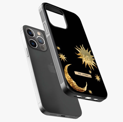 Golden Celestial Charm Glass Case laid diagonally highlighting side profile, edges and glossy glass shine.