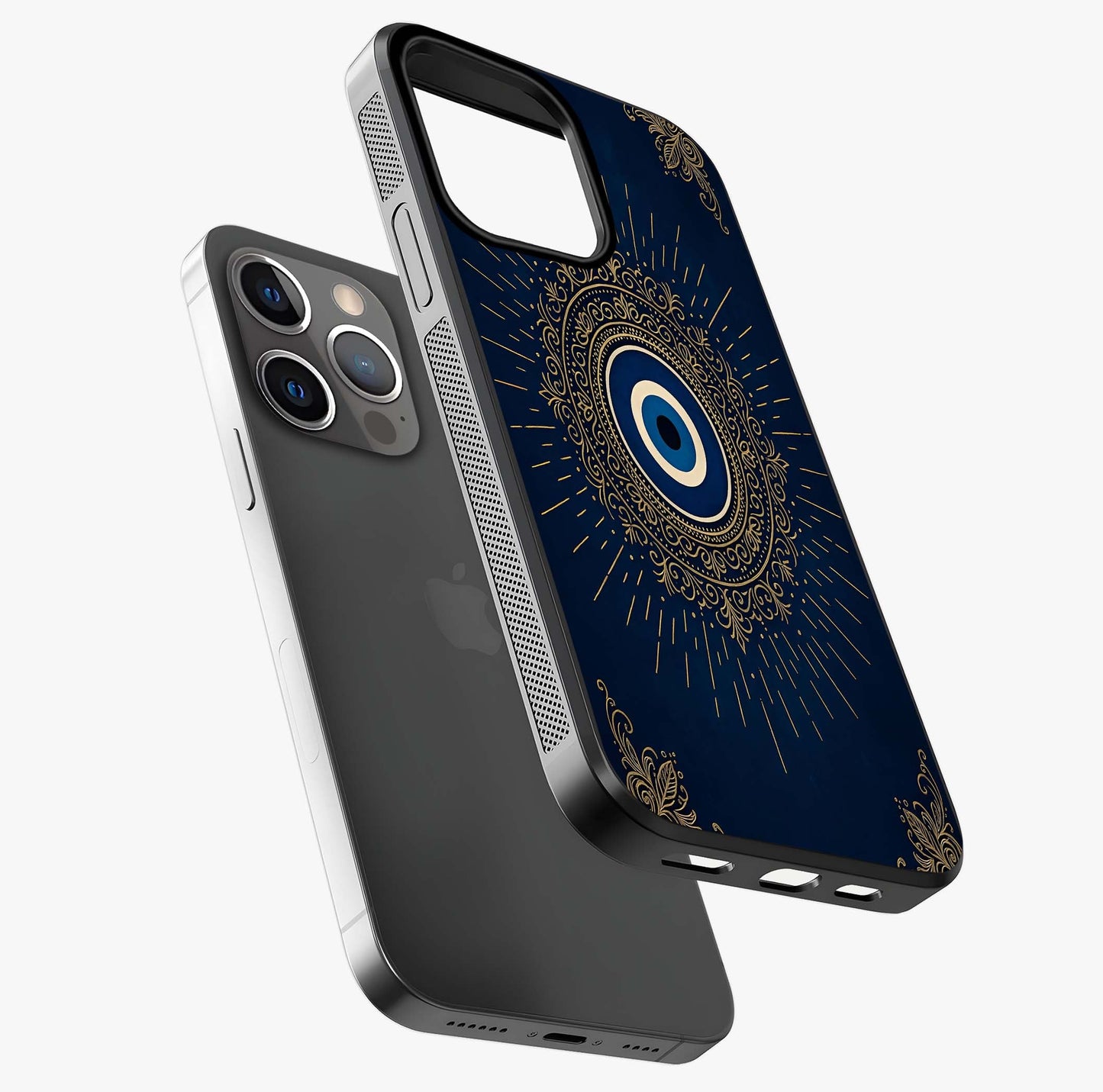 Golden Evil Eye Mandala Glass Case laid diagonally highlighting side profile, edges and glossy glass shine.