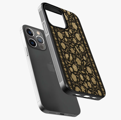 Golden Floral Majesty Glass Case laid diagonally highlighting side profile, edges and glossy glass shine.