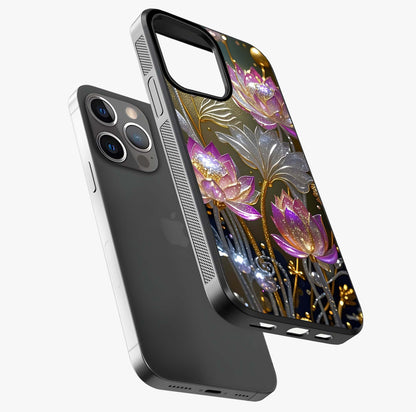Golden Lotus Glow Glass Case laid diagonally highlighting side profile, edges and glossy glass shine.