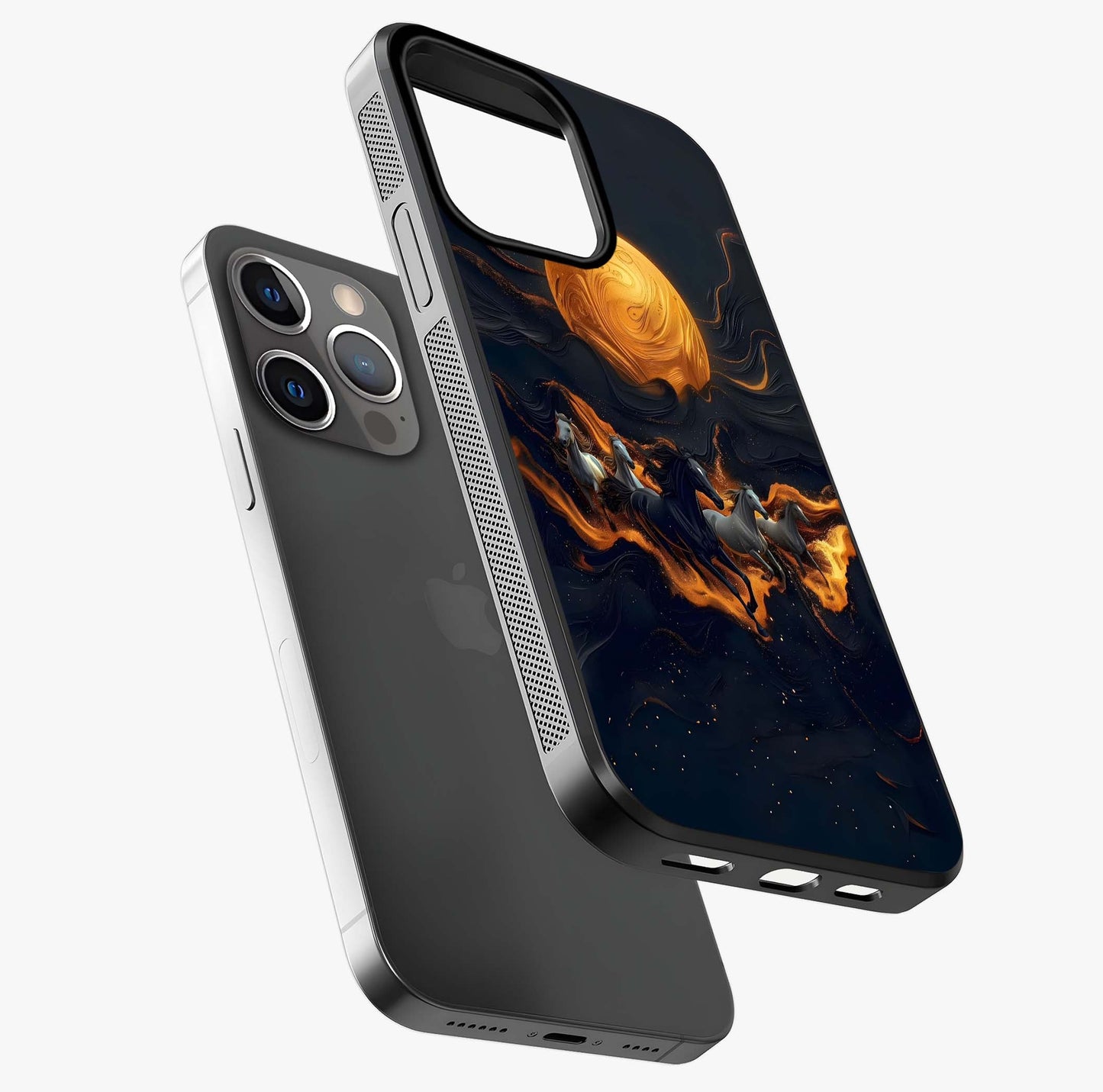 Golden Stallion Moonride Glass Case laid diagonally highlighting side profile, edges and glossy glass shine.