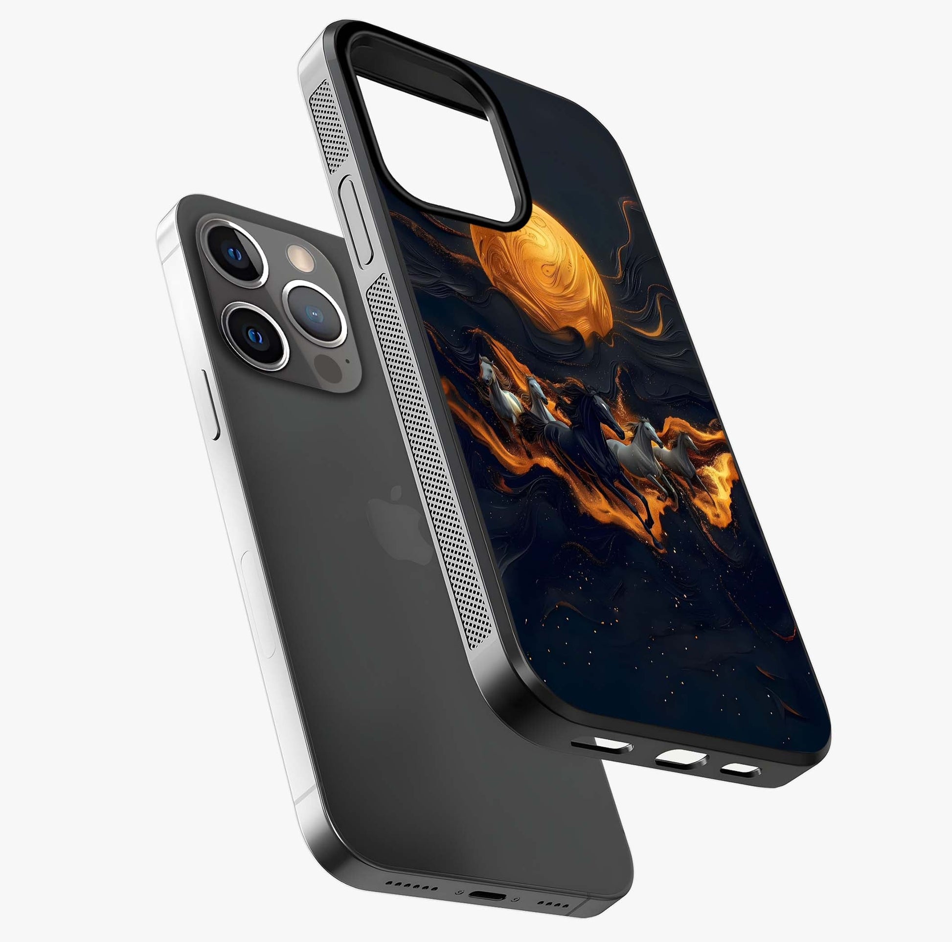 Golden Stallion Moonride Glass Case laid diagonally highlighting side profile, edges and glossy glass shine.