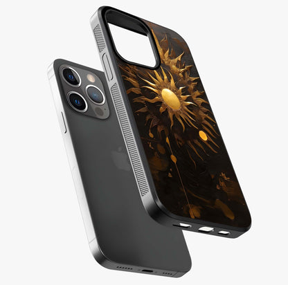 Golden Sun Majesty Glass Case laid diagonally highlighting side profile, edges and glossy glass shine.