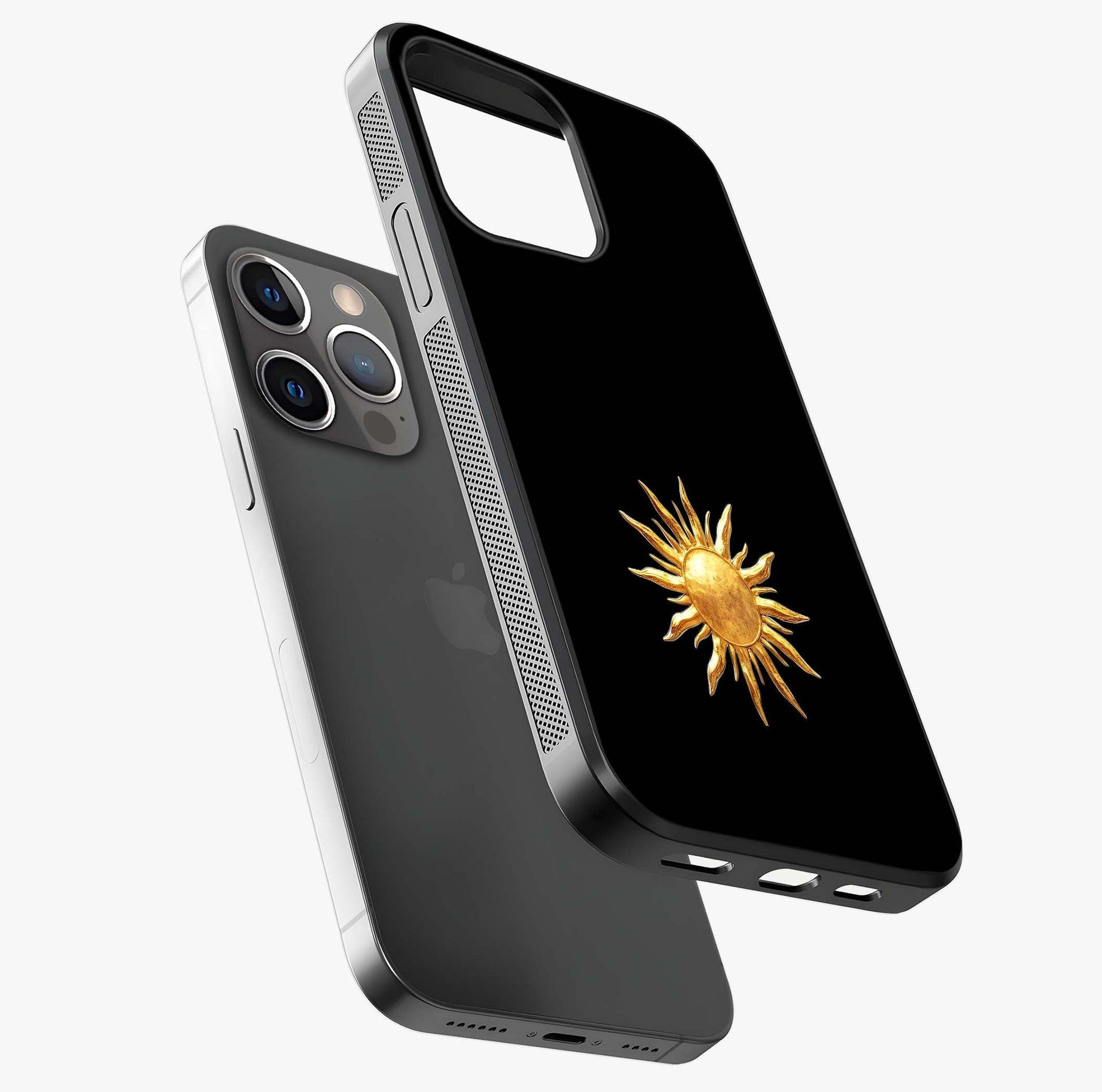 Golden Sun Minimalism Glass Case laid diagonally highlighting side profile, edges and glossy glass shine.
