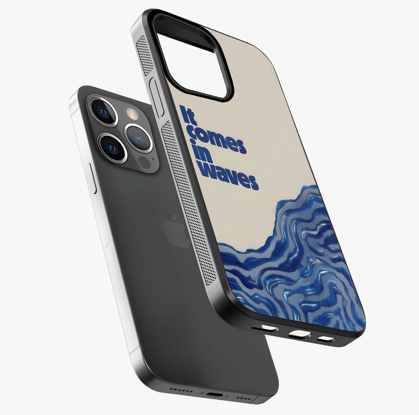 It Comes In Waves Quote Glass Case laid diagonally highlighting side profile, edges and glossy glass shine.