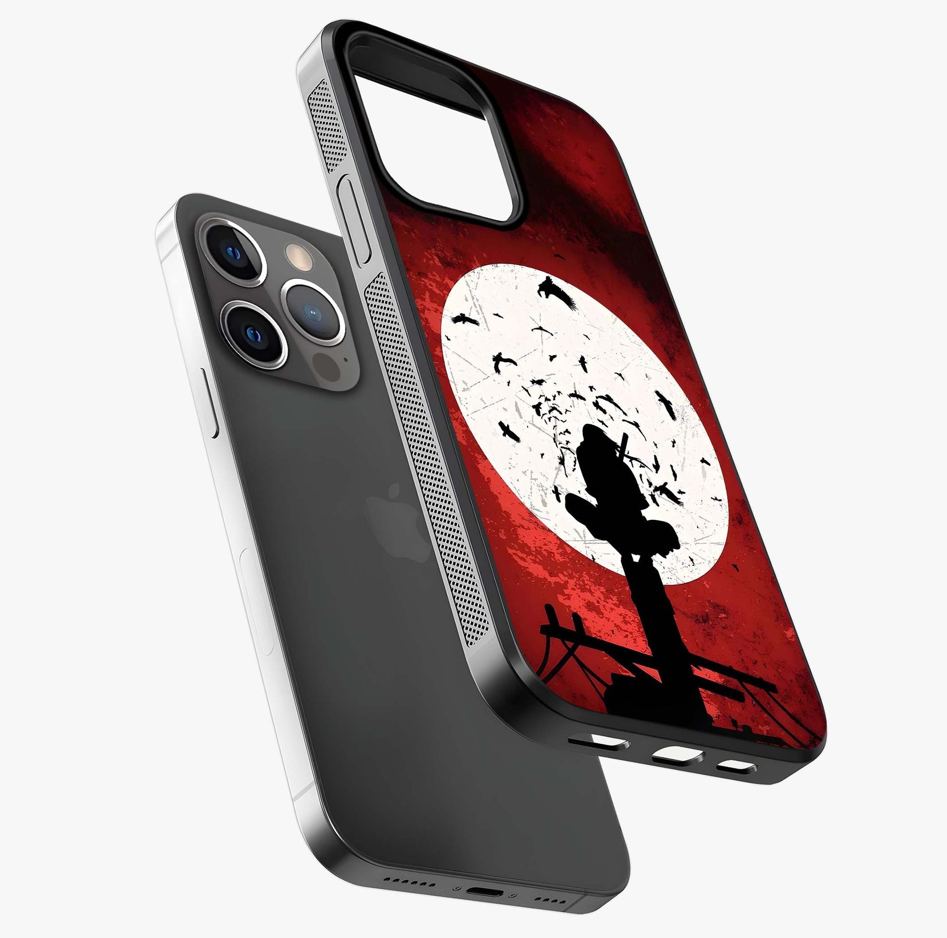 Itachi Limited Edition Naruto Anime Glass Case laid diagonally highlighting side profile, edges and glossy glass shine.