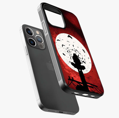 Itachi Limited Edition Naruto Anime Glass Case laid diagonally highlighting side profile, edges and glossy glass shine.