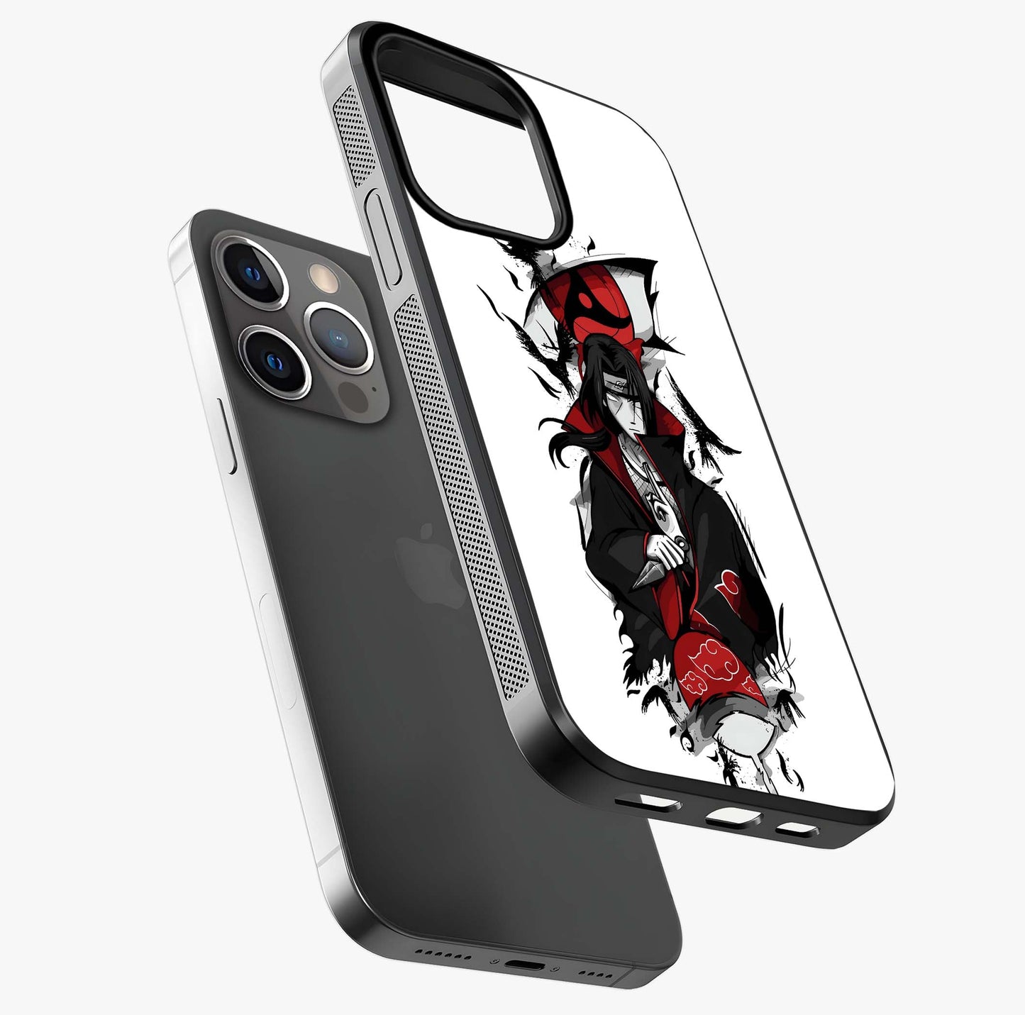 Itachi Sharingan Glass Case laid diagonally highlighting side profile, edges and glossy glass shine.