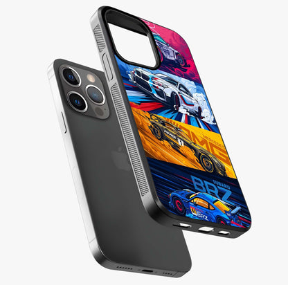 Jdm Sports Car Glass Case laid diagonally highlighting side profile, edges and glossy glass shine.