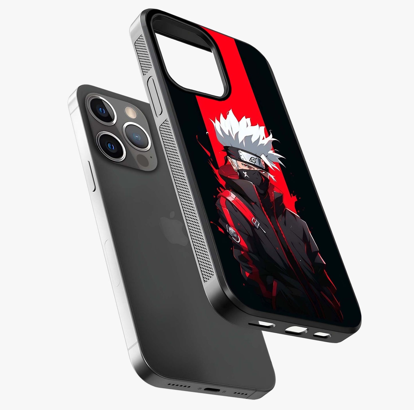 Kakashi Scarlet Shadow Glass Case laid diagonally highlighting side profile, edges and glossy glass shine.