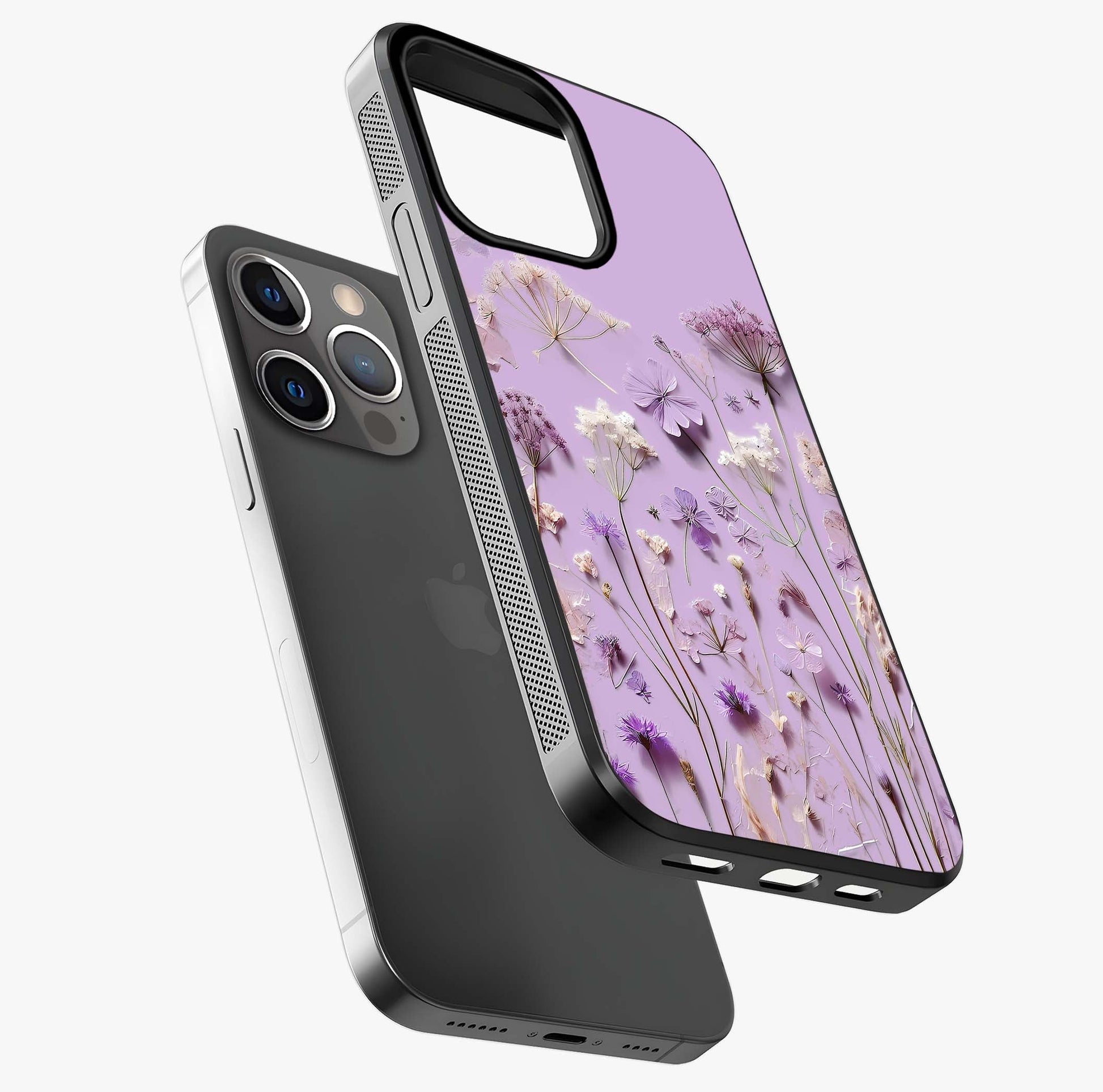 Lavender Blossom Dream Glass Case laid diagonally highlighting side profile, edges and glossy glass shine.