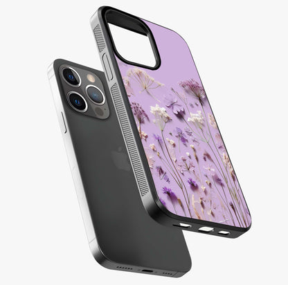 Lavender Blossom Dream Glass Case laid diagonally highlighting side profile, edges and glossy glass shine.