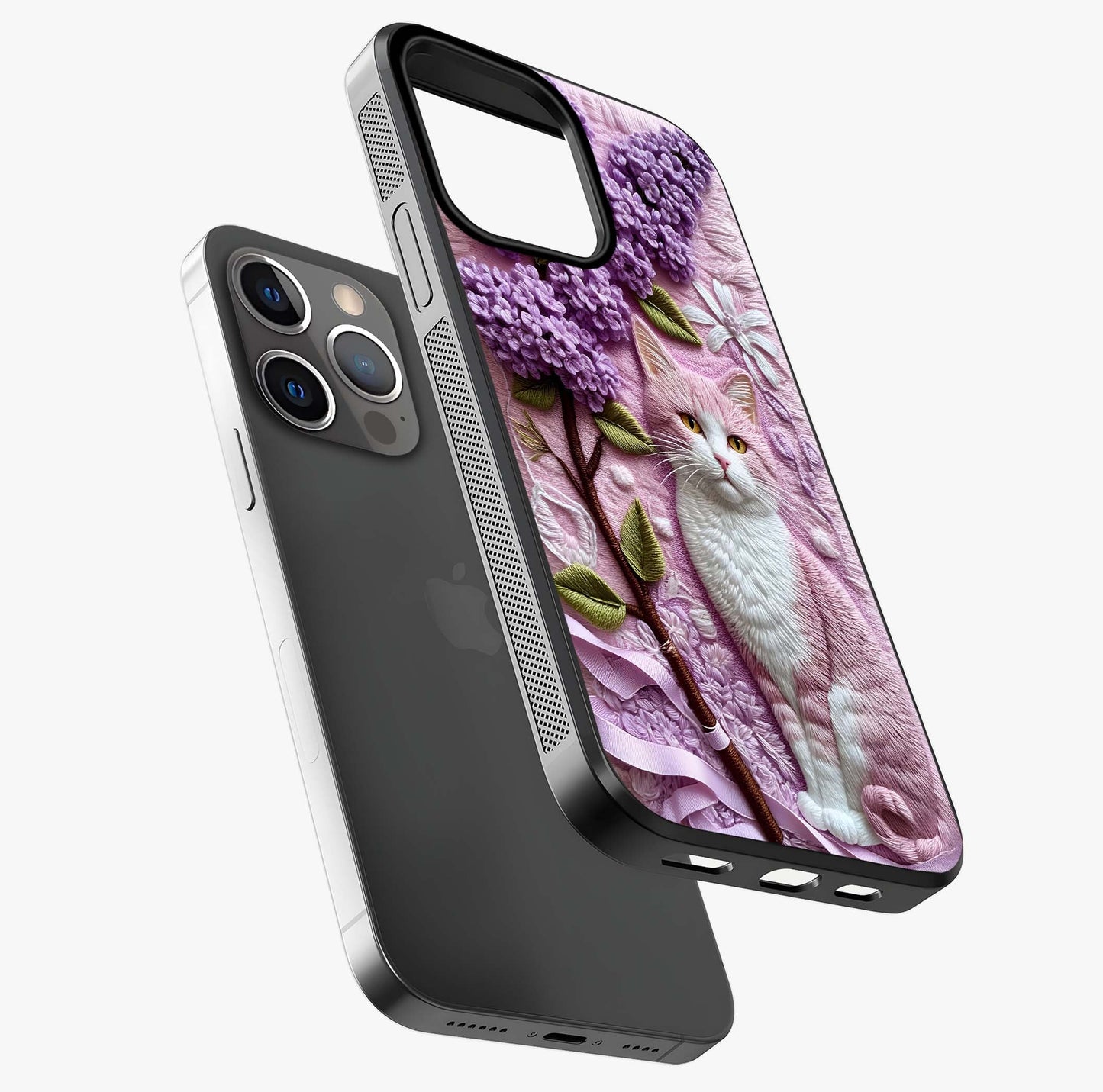 Lavender Cat Whimsy Glass Case laid diagonally highlighting side profile, edges and glossy glass shine.