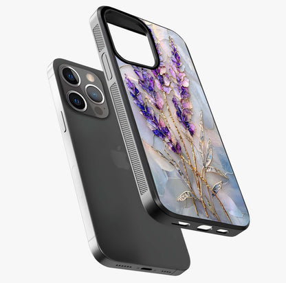 Lavender Dream Glow Glass Case laid diagonally highlighting side profile, edges and glossy glass shine.