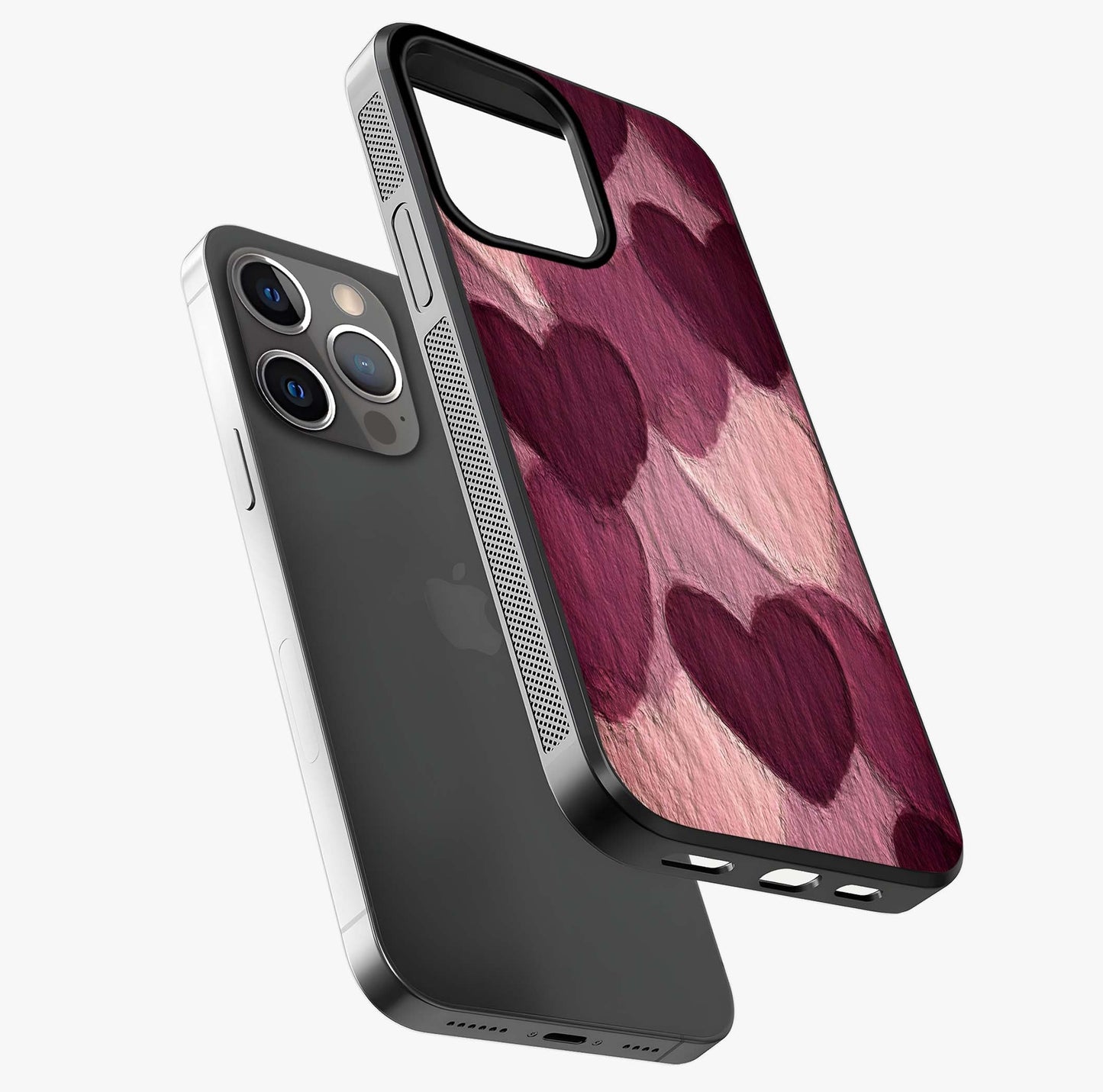 Layered Paper Hearts Glass Case laid diagonally highlighting side profile, edges and glossy glass shine.