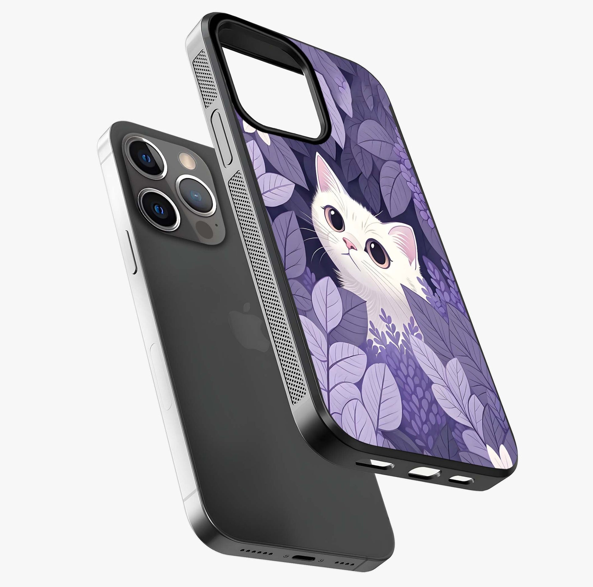 Lilac Hide Peek Cat Glass Case laid diagonally highlighting side profile, edges and glossy glass shine.