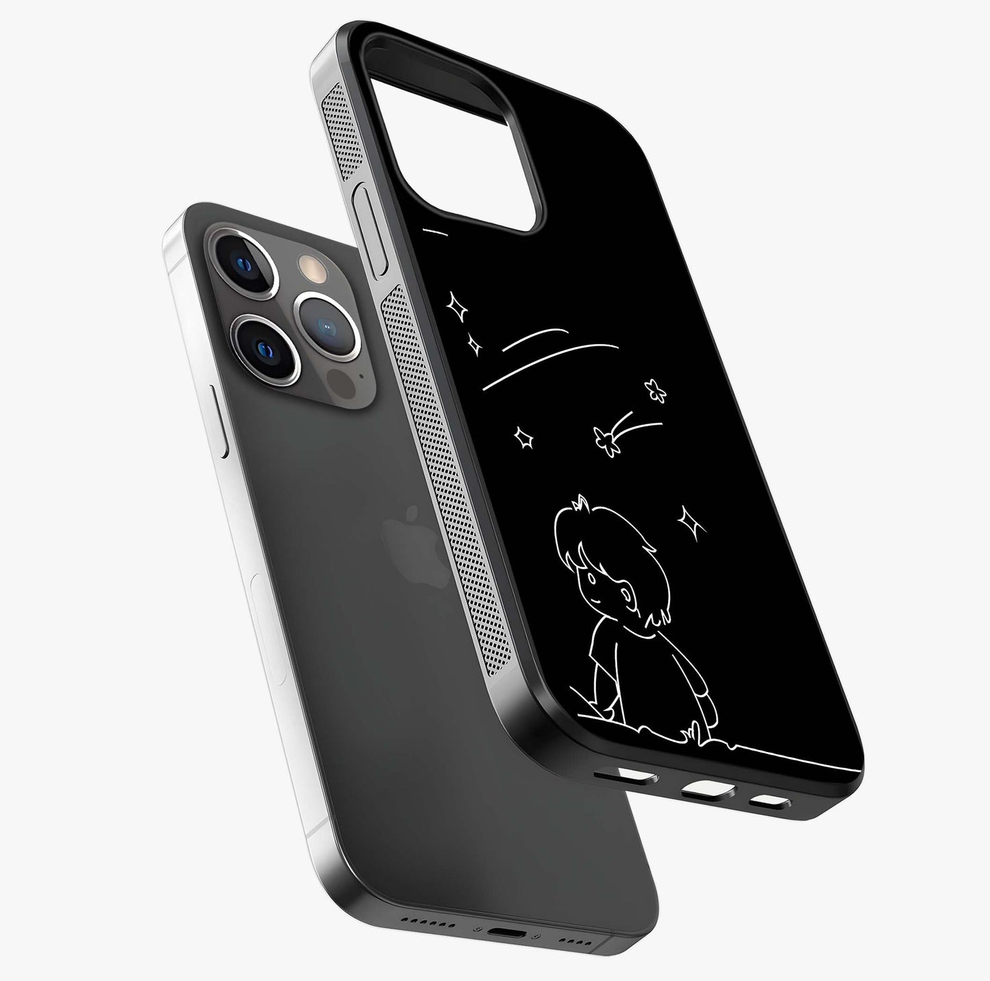 Line Art Boy With Shooting Stars Glass Case laid diagonally highlighting side profile, edges and glossy glass shine.