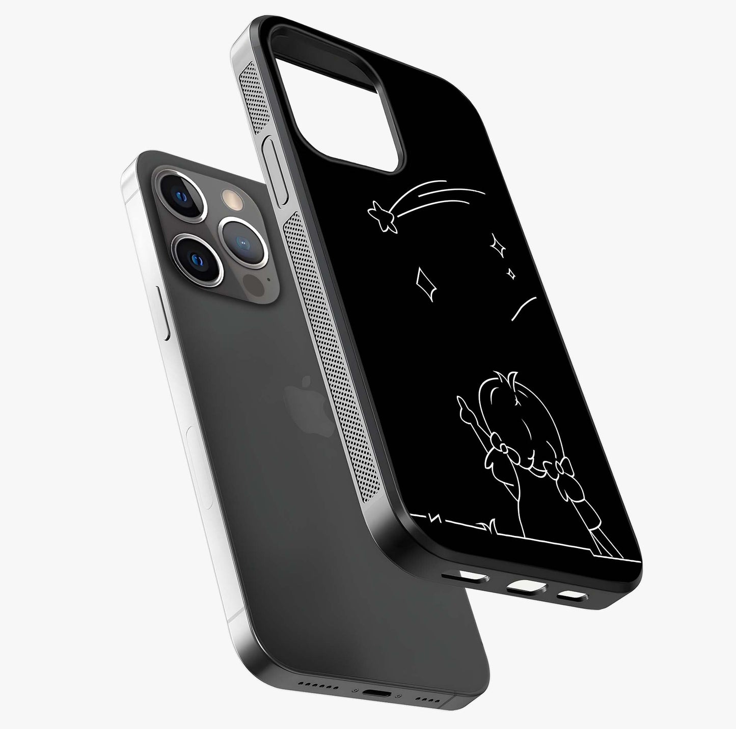 Line Art Girl With Shooting Stars Glass Case laid diagonally highlighting side profile, edges and glossy glass shine.