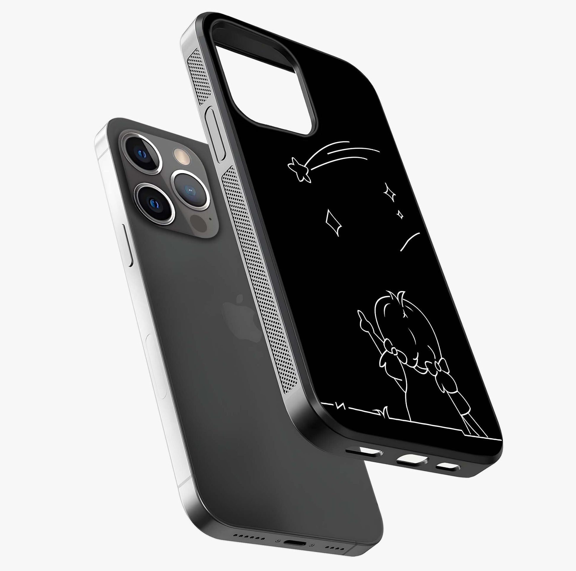 Line Art Girl With Shooting Stars Glass Case laid diagonally highlighting side profile, edges and glossy glass shine.