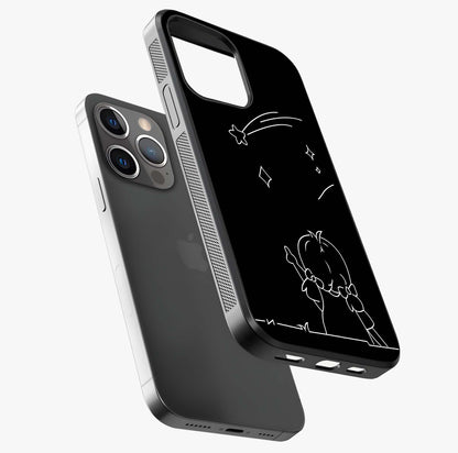Line Art Girl With Shooting Stars Glass Case laid diagonally highlighting side profile, edges and glossy glass shine.
