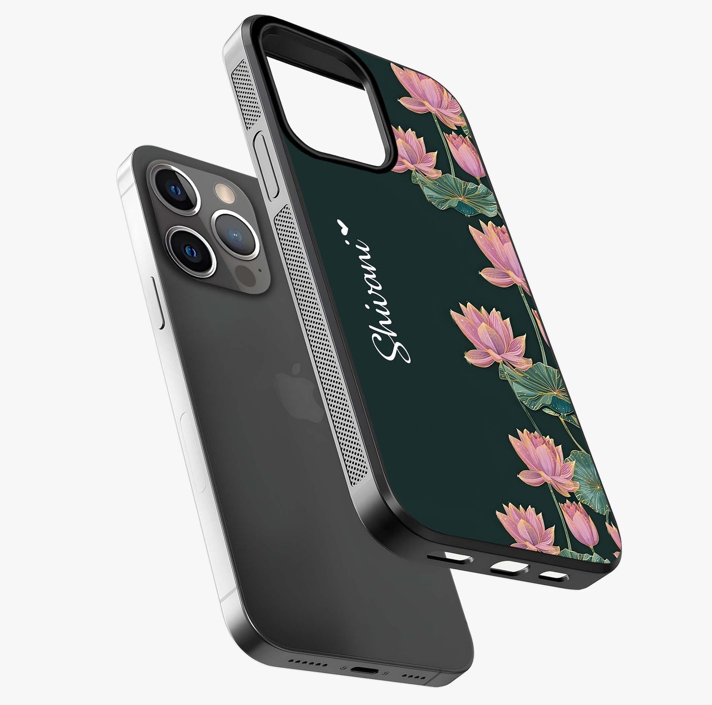 Lotus Bloom Serenity Custom Name Glass Case laid diagonally highlighting side profile, edges and glossy glass shine.