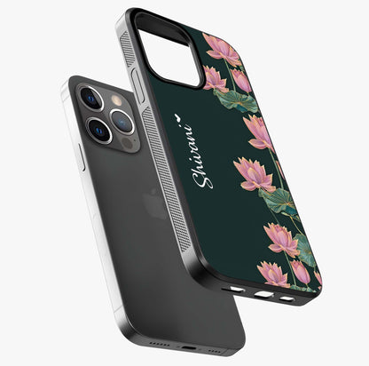 Lotus Bloom Serenity Custom Name Glass Case laid diagonally highlighting side profile, edges and glossy glass shine.